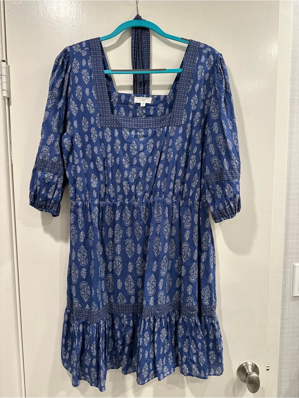 Blue Printed Square-Neck Women's Dress